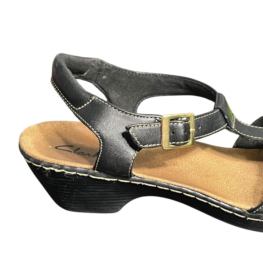Clarks Sandals Womens Size 9 Black Leather T-Strap Slingback Low Wedge 26095E108 - Picture 11 of 14